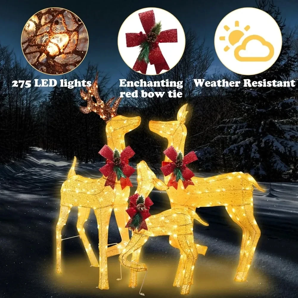 Deer Decor, Set of 3 Lighted Christmas Deer Decor with LED, Large Light Up Gold Reindeer Family Outdoor Christmas Decorations