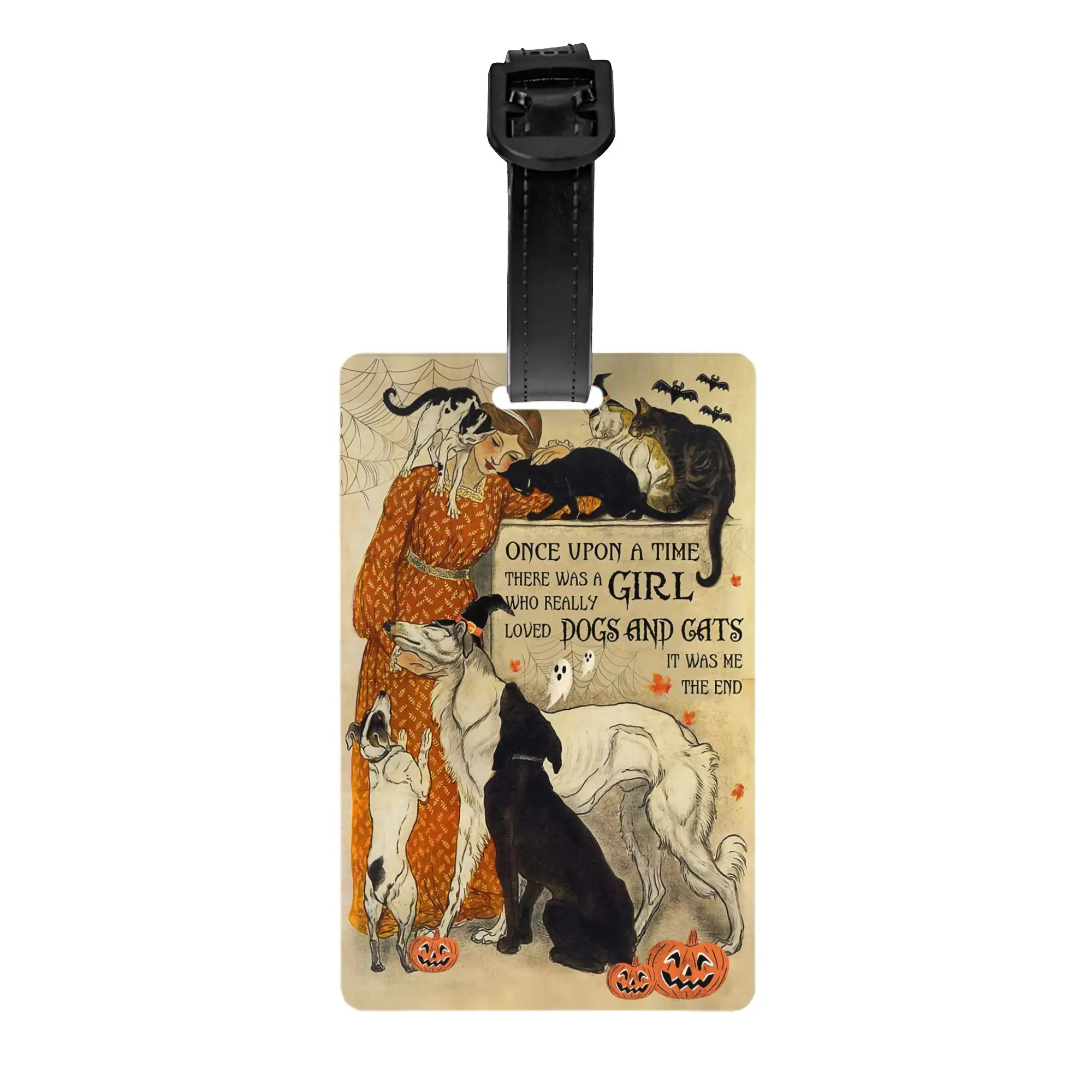 Vintage Halloween Girl Loved Dogs And Cats Luggage Tag for Suitcases  Privacy Cover Name ID Card