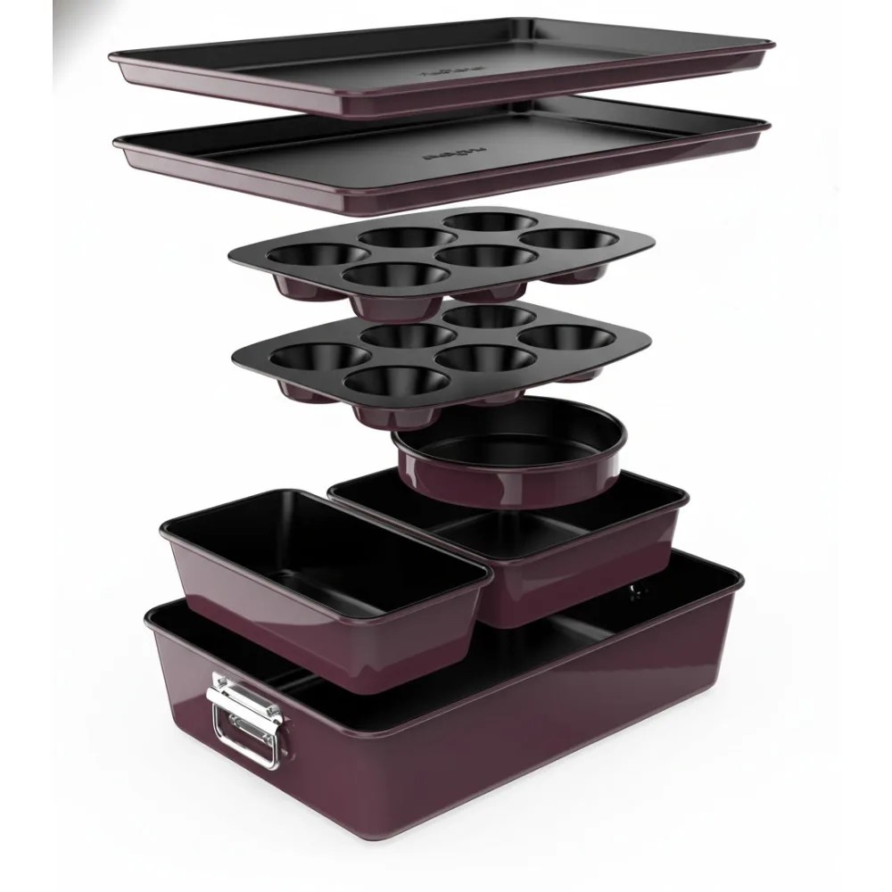 

8-Piece Nonstick Bakeware Set, PFOA/PFOS/PTFE Free, 450°F Oven Safe, Stackable Cake Pan & Cookie Sheet