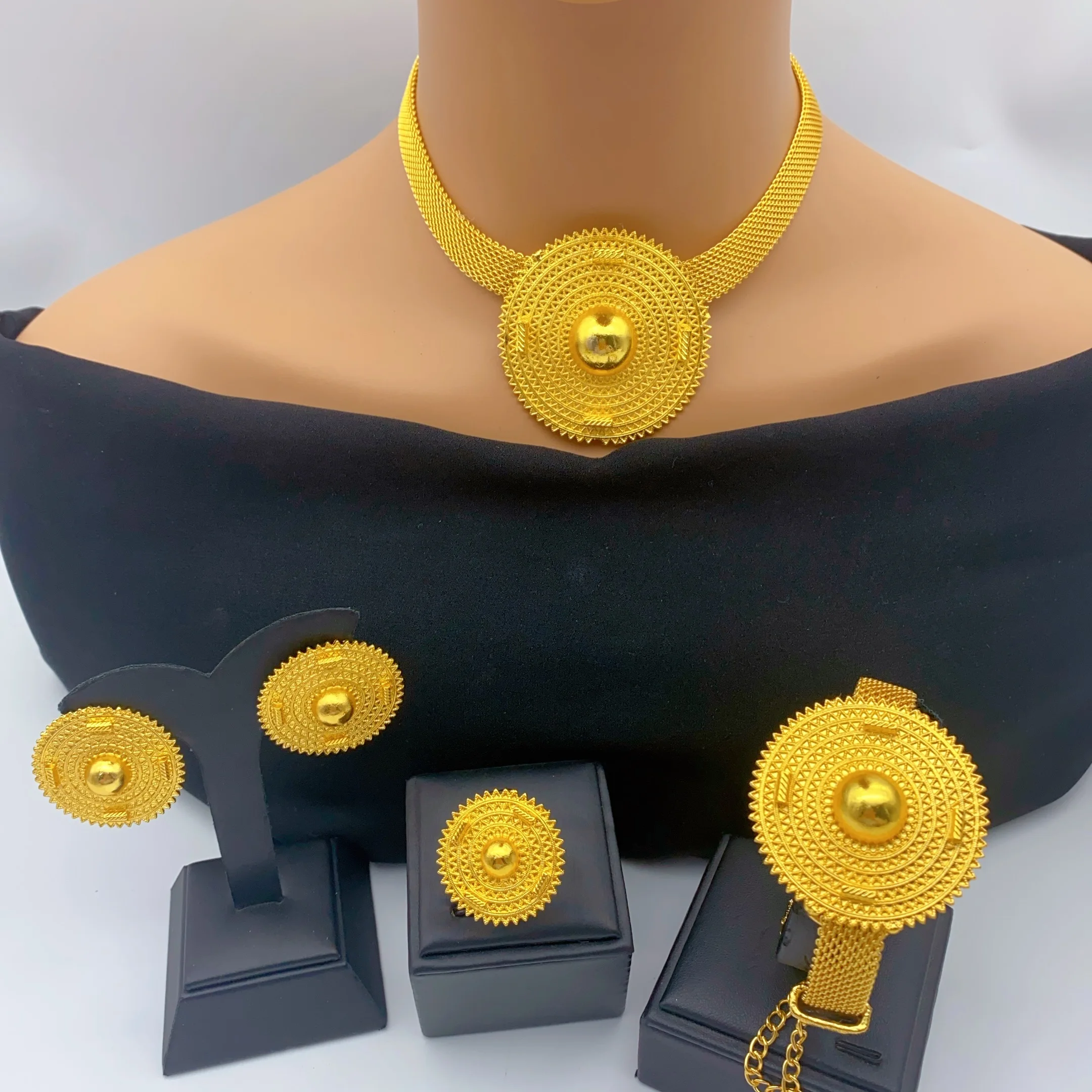 Äthiopische 24k Gold Farbe Charme Halskette Ohrringe Set Für Dame Afrika Großen Anhänger Halsband Schmuck Hochzeit Party Zubehör