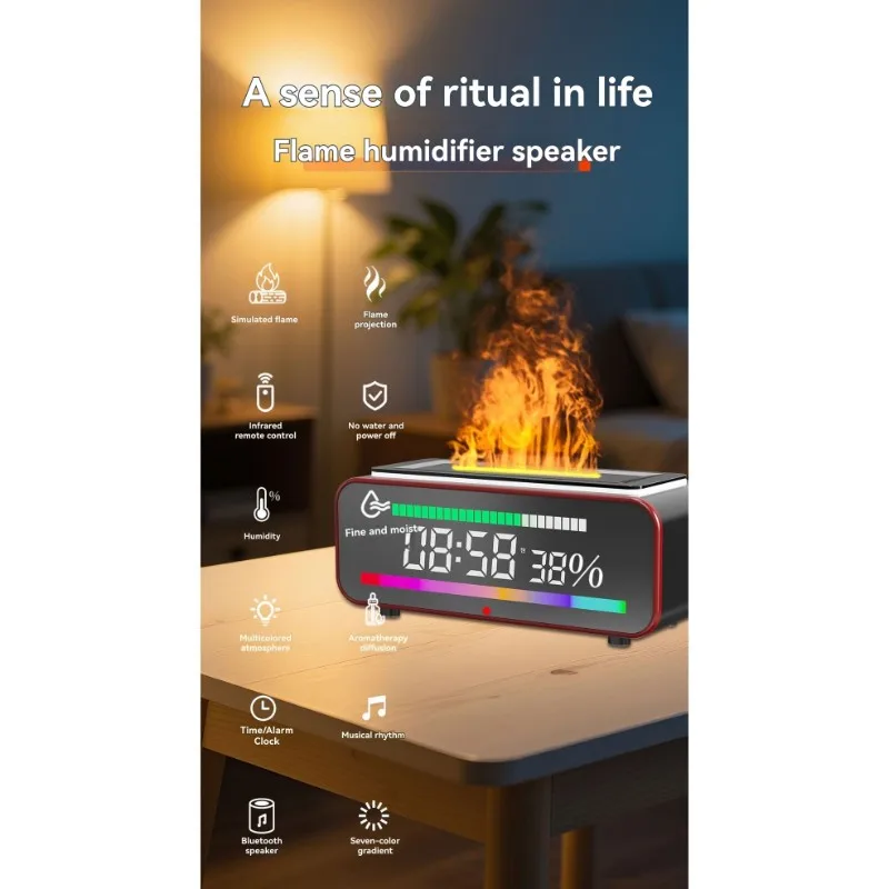 

【A43M】Увлажнитель воздуха в стиле ретро с вилкой европейского стандарта, угольный камин с 3D-симуляцией, пламенные часы, Bluetooth-динамик