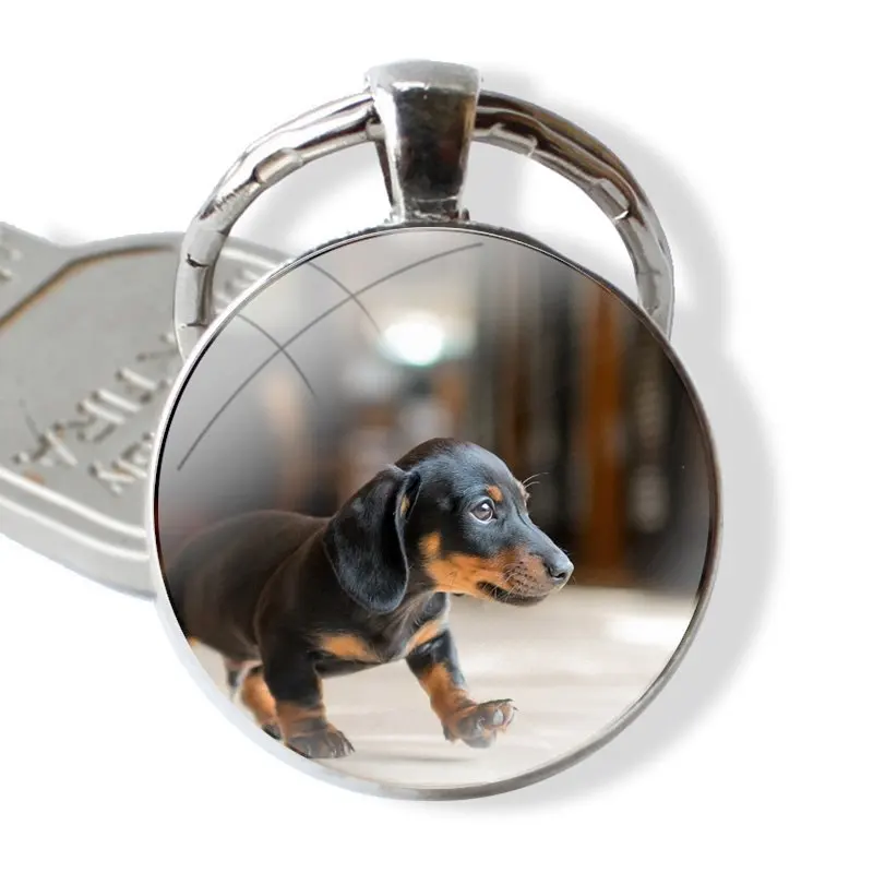 Dachshund Teckel Dackel Dog Keychain Handmade Glass Cabochon Key Ring Holder Pendant Key Chains