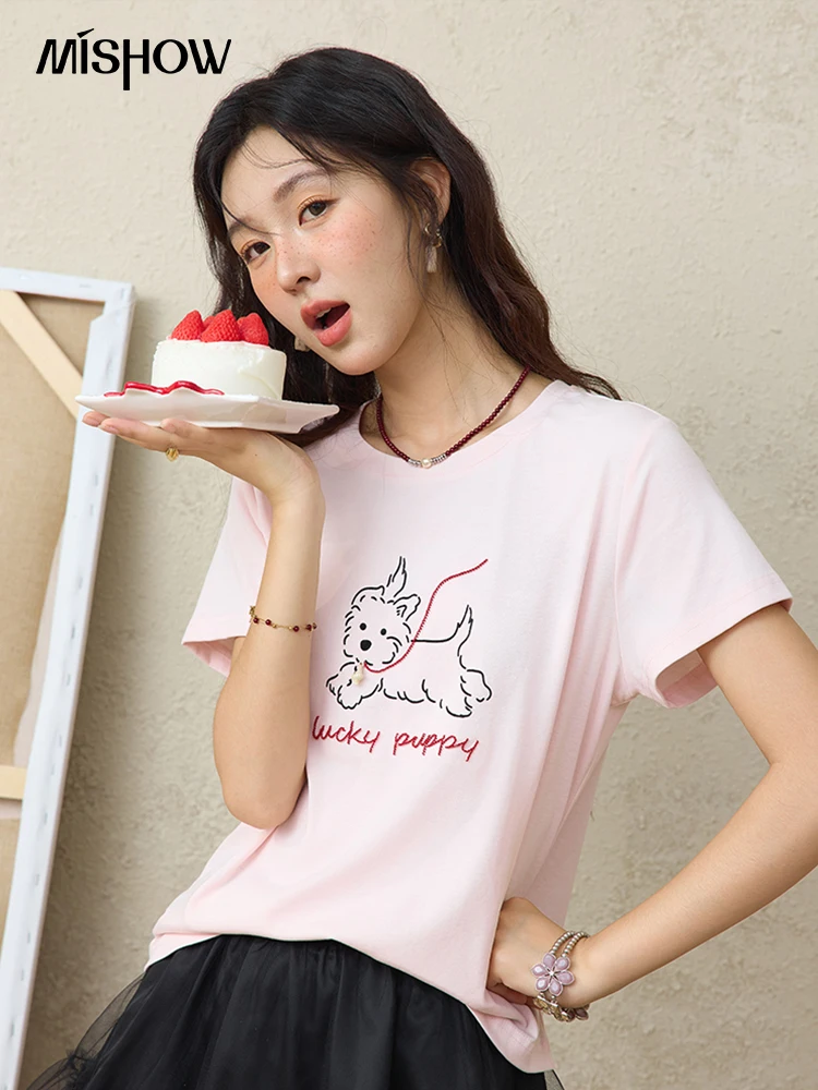 MISHOW Cute Printed Puppy Short Sleeve T-shirt 2025 Summer Round Neck Short Sleeved T-shirt Cotton Blend Casual Tees MXE36T0640
