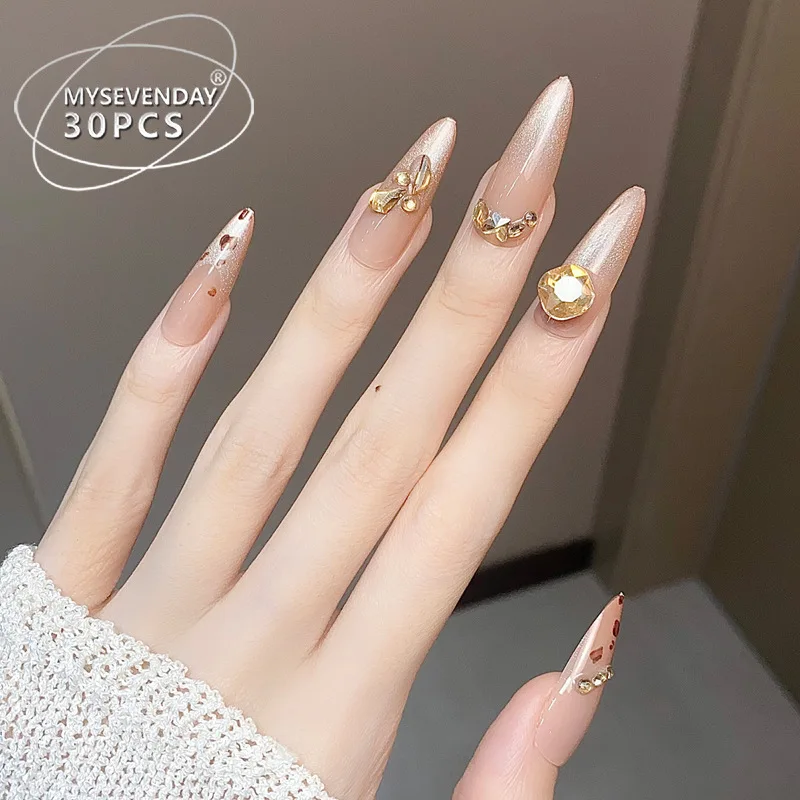 Wear Nail Premium Cat-eye Leopard Flash Diamond French Nail Art Tik Tok Boom Hottie Pure Desire Fake Nail Patch