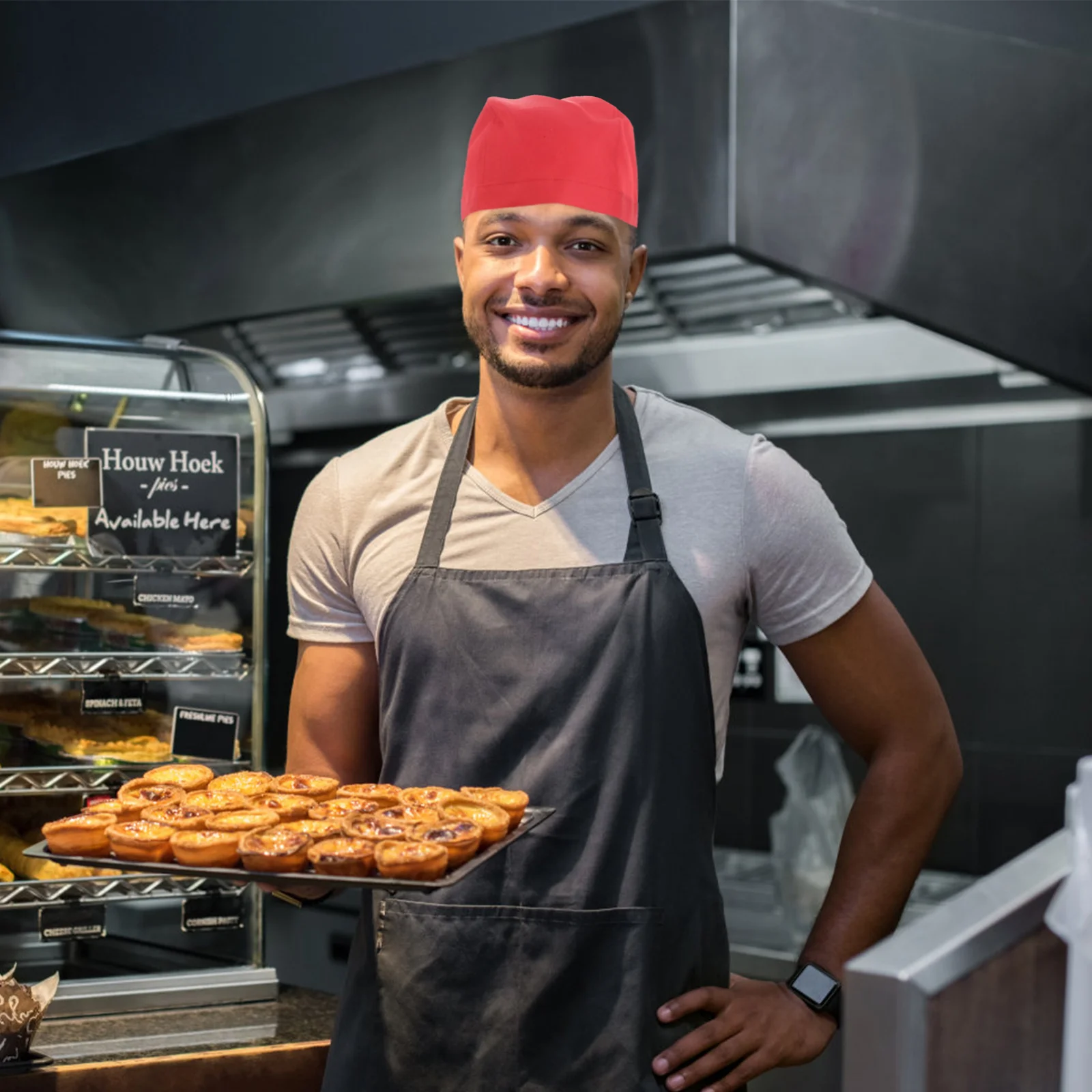 Cappello da chef rosso per uomo donna tela resistente cucina catering uniforme morbido e confortevole design a nastro regolabile cappello da server turbante