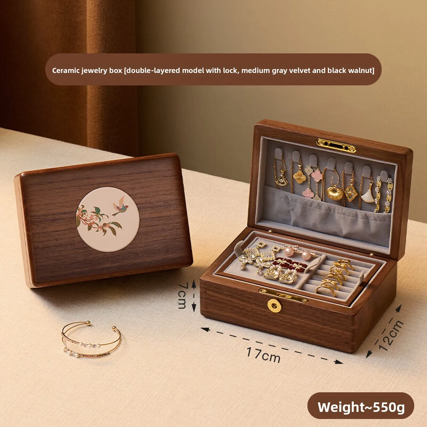 Walnut Wood Jewelry Box with Lock, Large Capacity Organizer with Velvet Interior and Protective Finish for Valuables