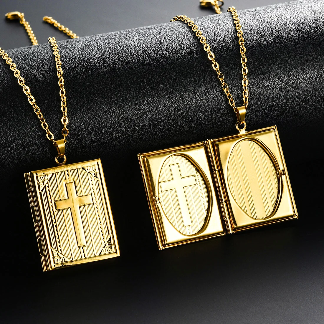 Stainless Steel Photo Frame Locket Pendant Necklace Men Women Book Shape Cross Pattern Openable Picture Memorial Jewelry Gift