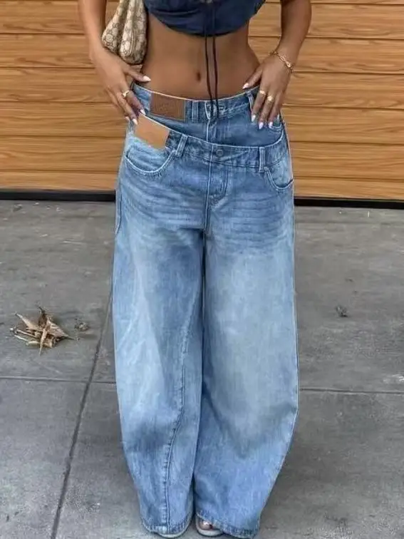 

Washed Vintage Fake Two-Piece Twist Waist Jeans for Women Street Style Straight Loose Wide-Leg Pants