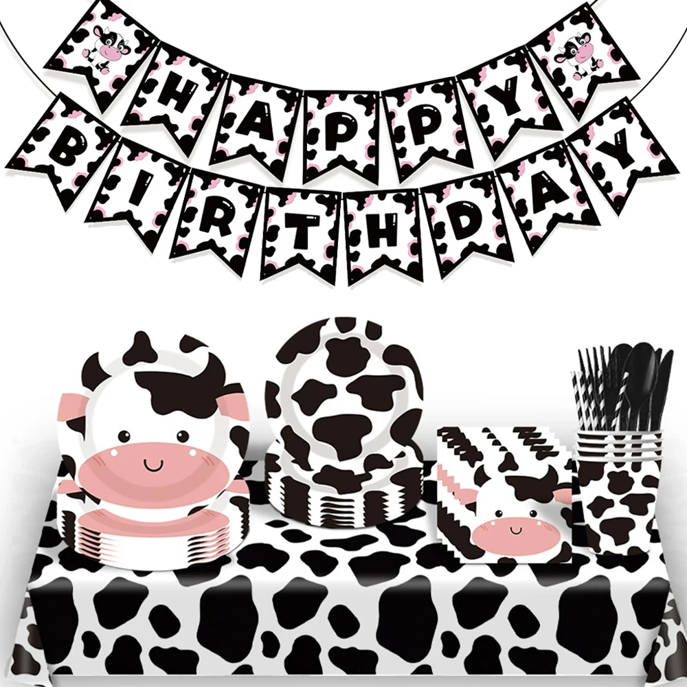 Niedliches Kuh-Themen-Partyset, Bauernhof-Tier Geburtstagsdekoration, Moo Tischgeschirr-Set mit Papptellern, Bechern, Tischdecke, Babyparty- und Kinderfavors – Detail 2