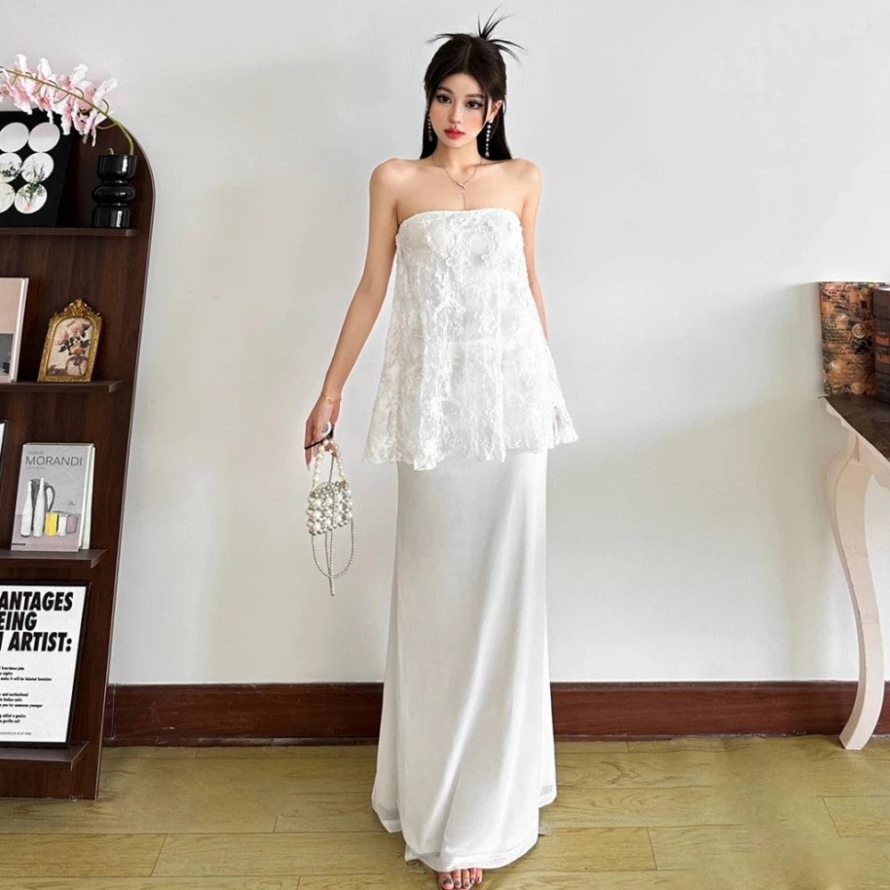 

SylCue Sweet Style 2 Piece Set Women Sexy Lace Patchwork Strapless Vest+High Waist Skinny Hip-Wrapped Long Skirts Elegant Suits