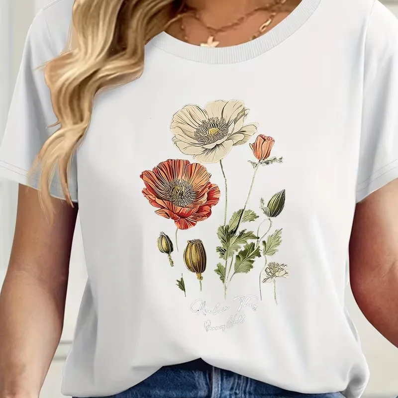 

Summer Breathable Vintage Flower Graphics Pattern Printed Short-sleeved T-shirt Women Casual Round Neck Comfortable Loose Tees