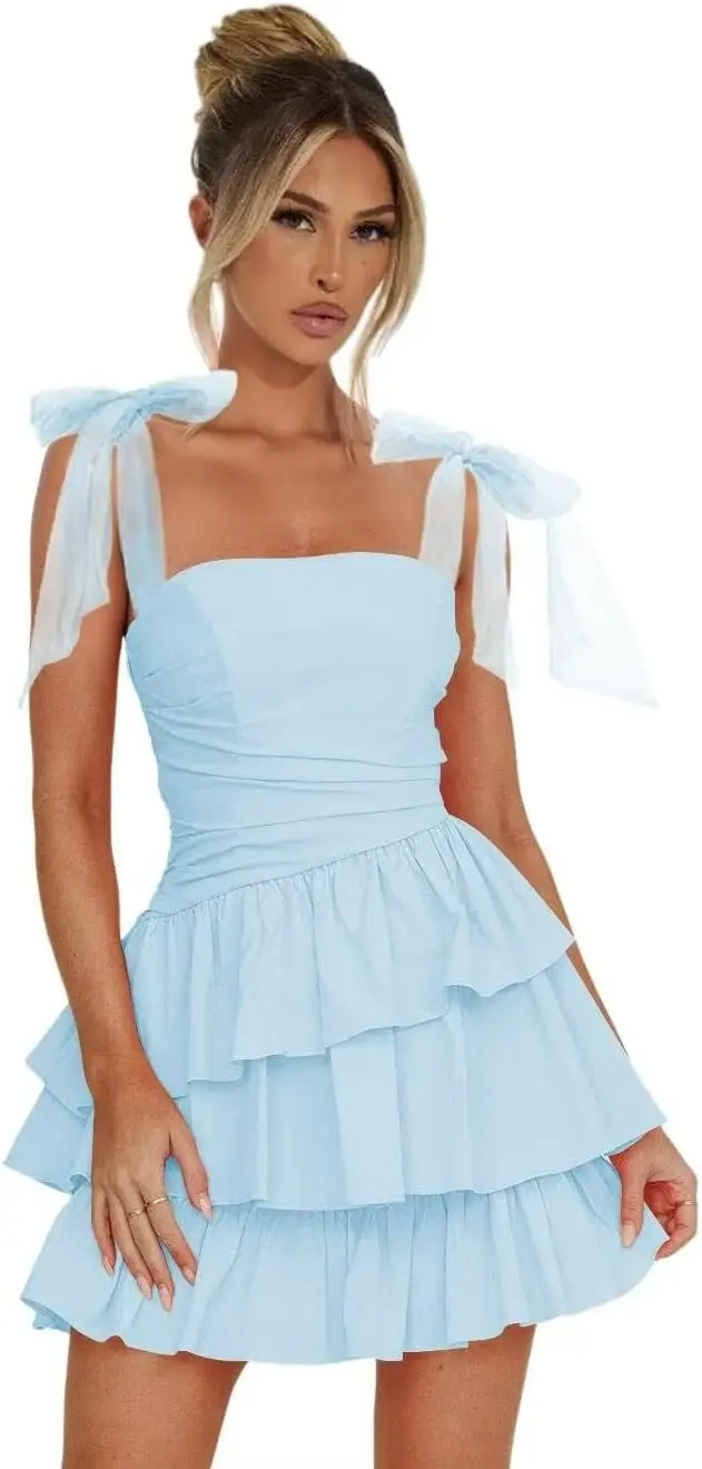 Above Knee ， Mini Chiffon Spaghetti Strap Tiered Homecoming Dresses 2025 Short Square Neck Cocktail Pary Dress with Bow DE476