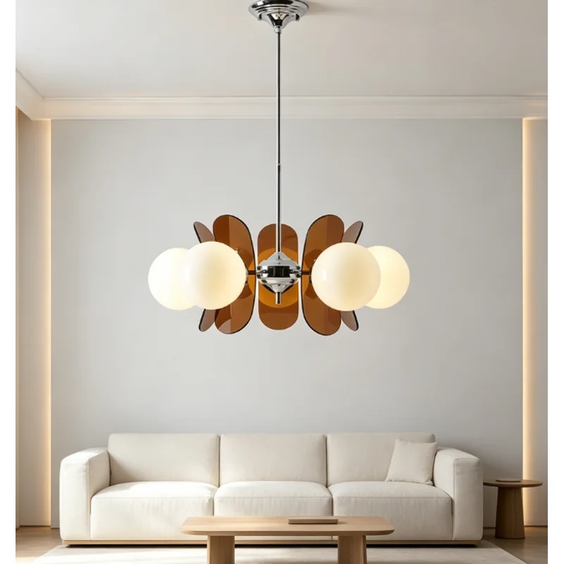 Mid-century Brown Petal Pendant Light  Sphere Globe Pendant Lamp  Retro Multi Bulb Decorative Pendant Light  Vintage Modern Pend