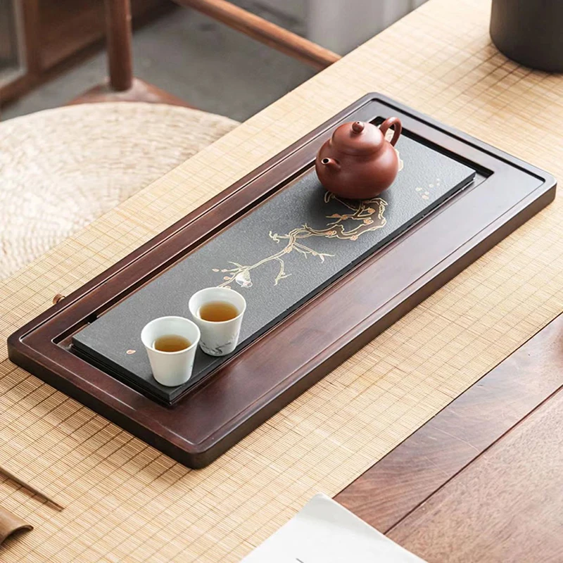 Wujin stone stone office tea tray wings flying home drainage tea set high-grade bamboo retro tea room tea table Kung fu tea set