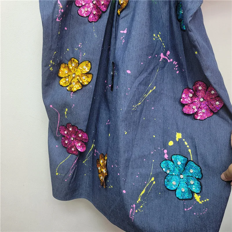 夏の新しい女性のルーズオーバーサイズデニムドレス重工業ネイルダイヤモンド V ネックロング Vestidos ファッショナブルで薄いロングドレス