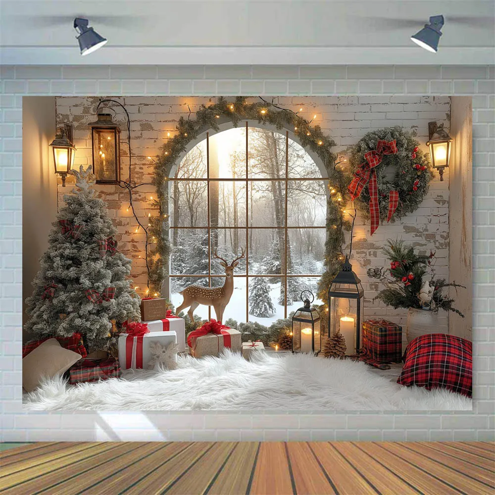 Mocsicka Christmas Photography Backdrop Xmas Tree Wreath Elk Brick Wall Window Snow Scene Family Portrait Photo Background Props