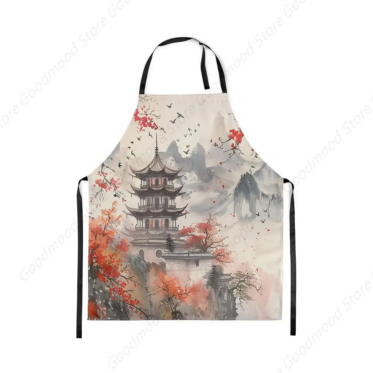 

Kitchen Apron Japanese Waterproof Apron For Chef Floral Anime Chinese Ink White Red Apron