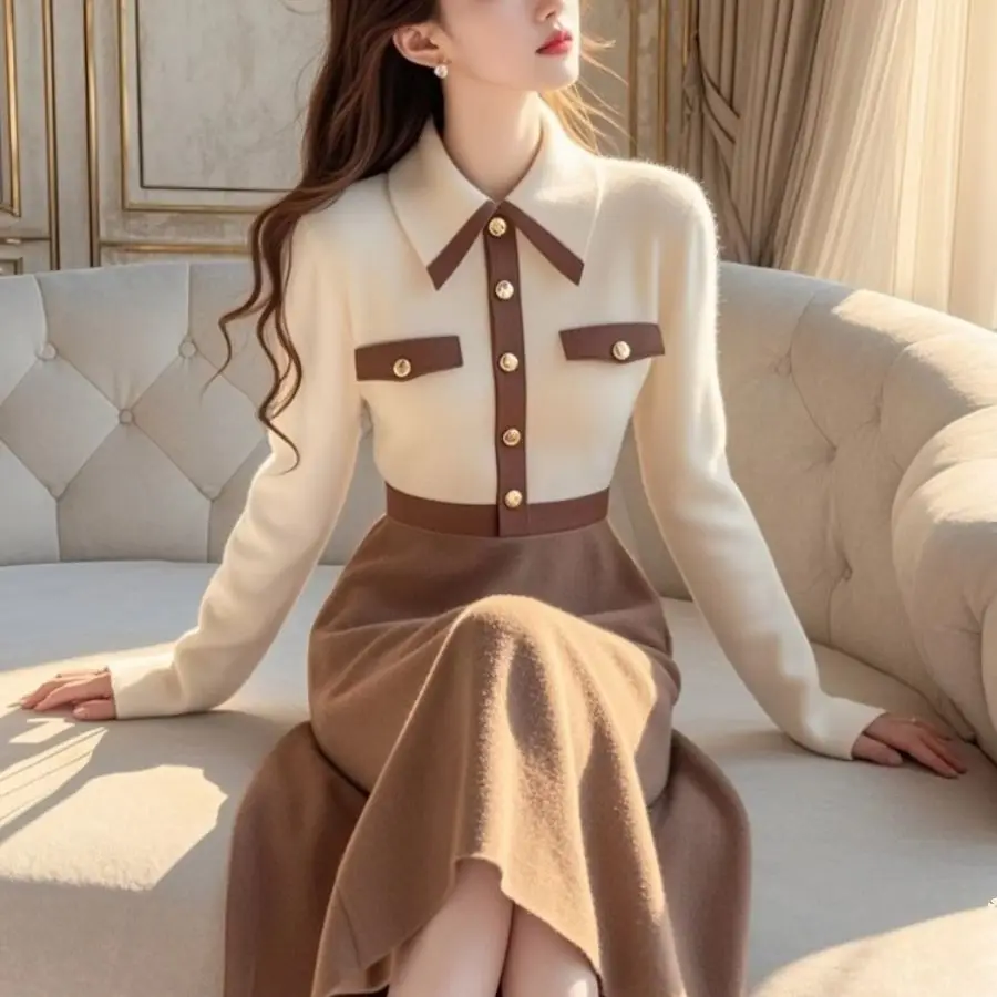 Impressionante vestido de malha café contraste painéis vestido de malha figura lisonjeiro cintura vestido de malha camadas macias vestido de malha aconchegante