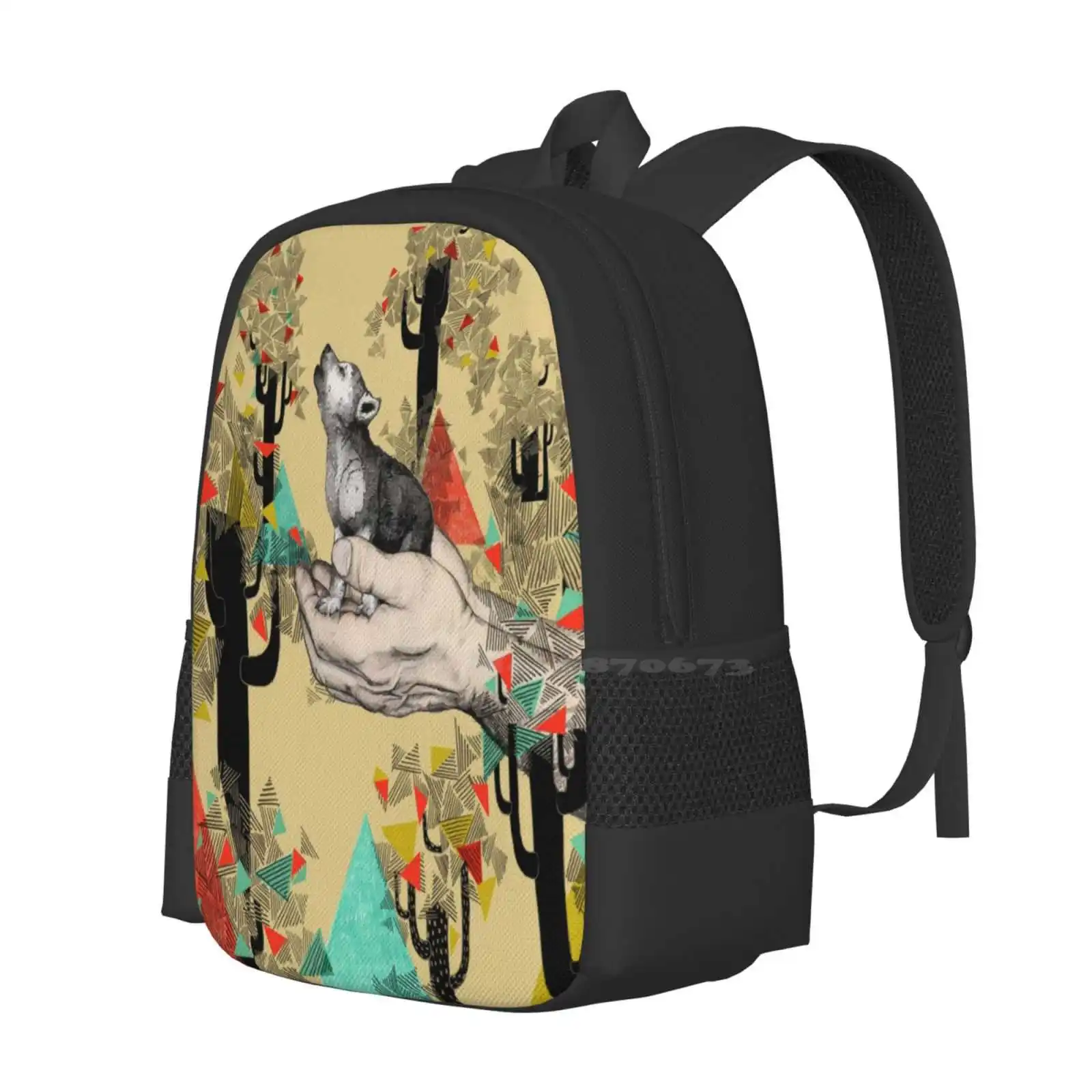 Found You There Pattern Design Bag Student'S Backpack Wolf Cub Dog Howl Yellow Mustard Triangle Trees Sandra Dieckmann