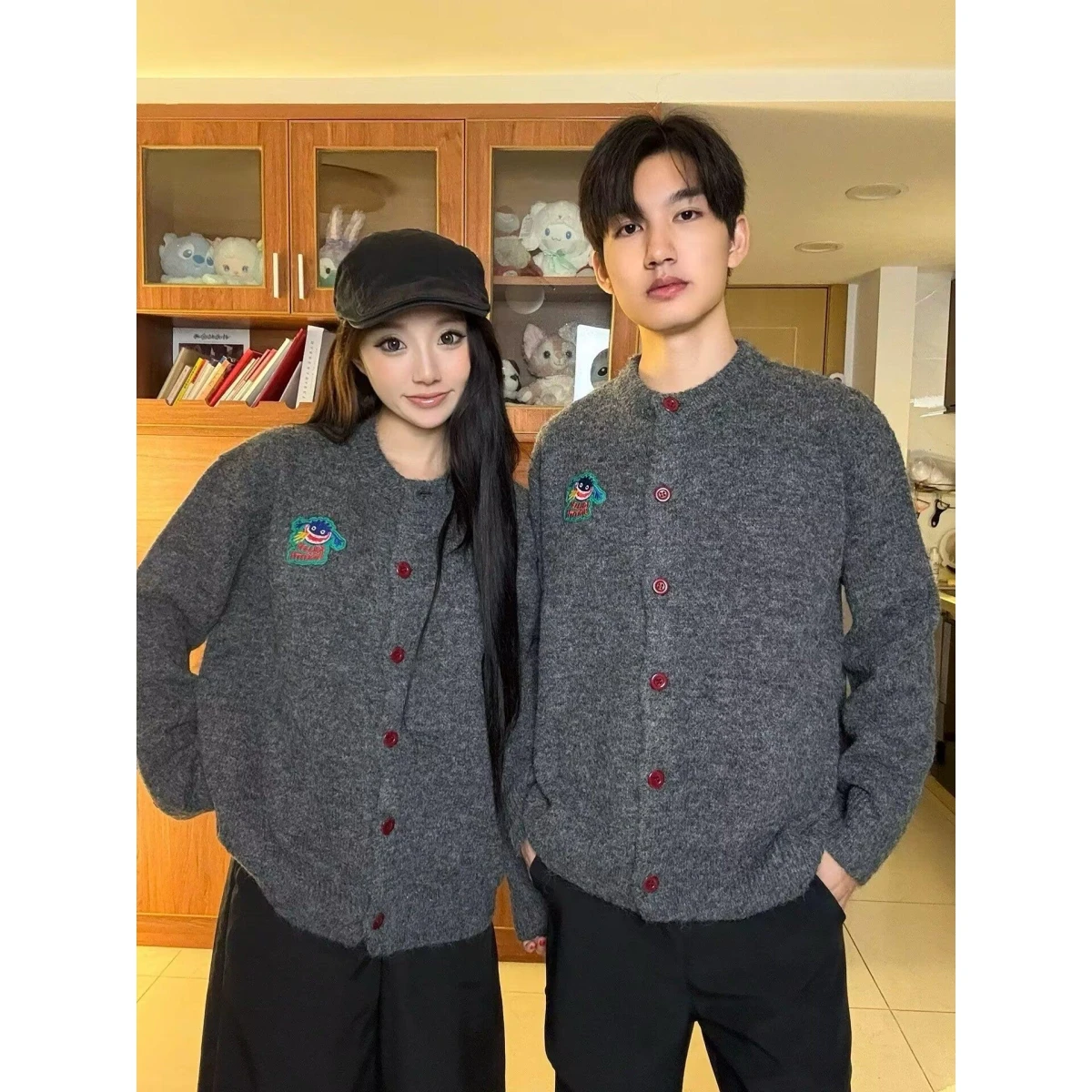 

Fall Winter V-Ne Knitted Cardigan Men's Color Casual Sle Loose Fit Long Sve Windproof Fce Lined Outerwear