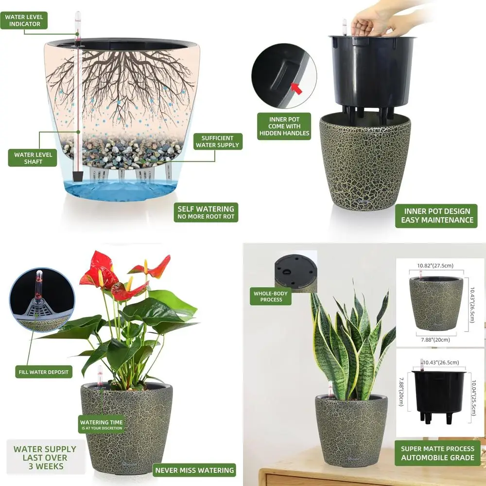 

11x10 Inches Large Indoor/Outdoor Watering Planter with Inner Pot, Thickened Design, Water Level Indicator - Black Gold Crackle