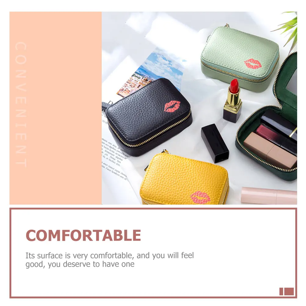 

Lipstick Bag Round Tote Travel Pu Small Toiletry Bag Mini Organizer Portable Mirror Pouch Cosmetics Storage Random
