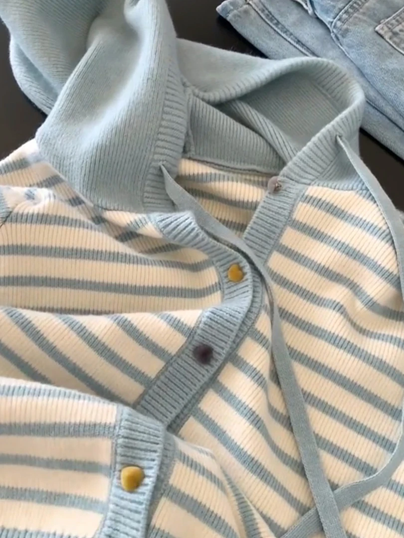 Korean Sle Women's College Sweet Stripes Open Cardigan Hoodie Loose Slim Winter Knitted Top Warm Long Sve Hooded Sweater