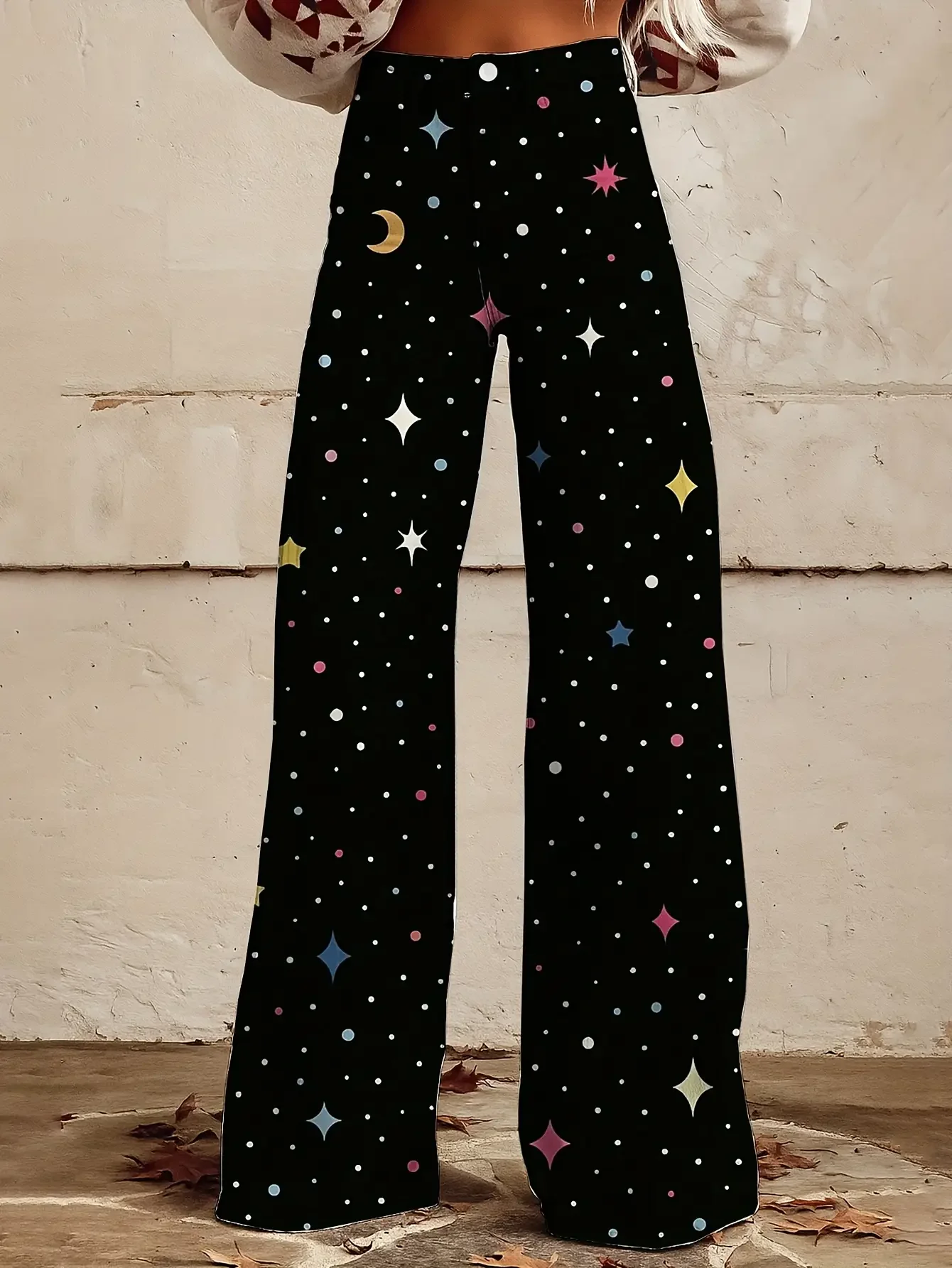 Ladies' loose and elegant retro printed straight leg pants with hidden zipper design,