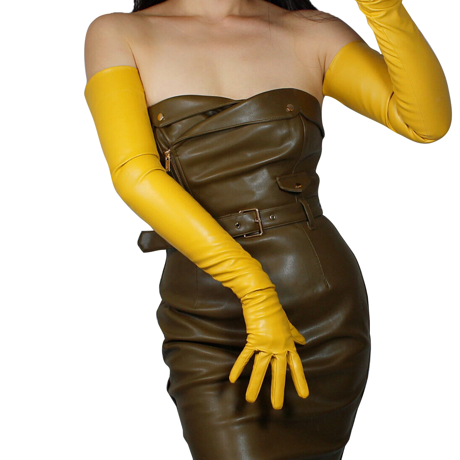 DooWay Ginger Mustard Yellow LONG GLOVES Faux Lambskin Sheepskin Leather 70cm Fashion Stage Opera Evening Party Formal Glove