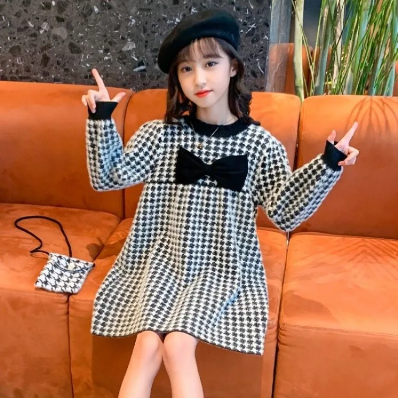 

Осень 2024, клетчатая юбка в академическом стиле, вязаное платье-свитер для девочек, норковый бархат, не линяющий цвет, термослойный наряд