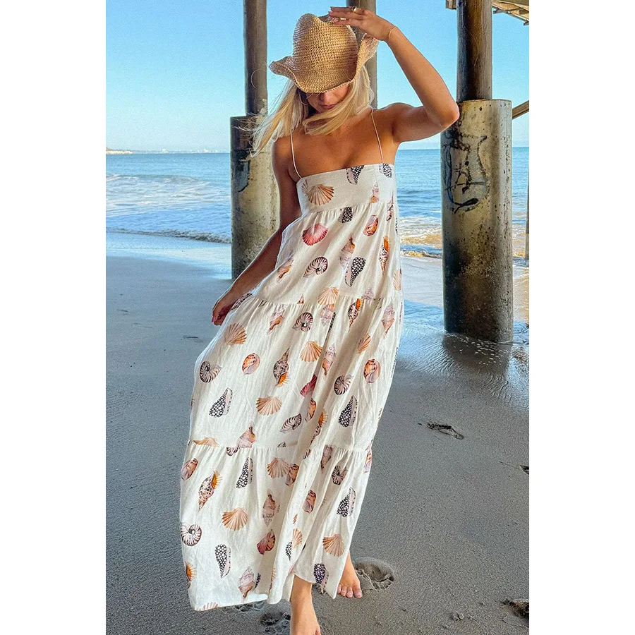 2024 primavera verão nova cinta impressa em camadas ins solto férias vestido feminino