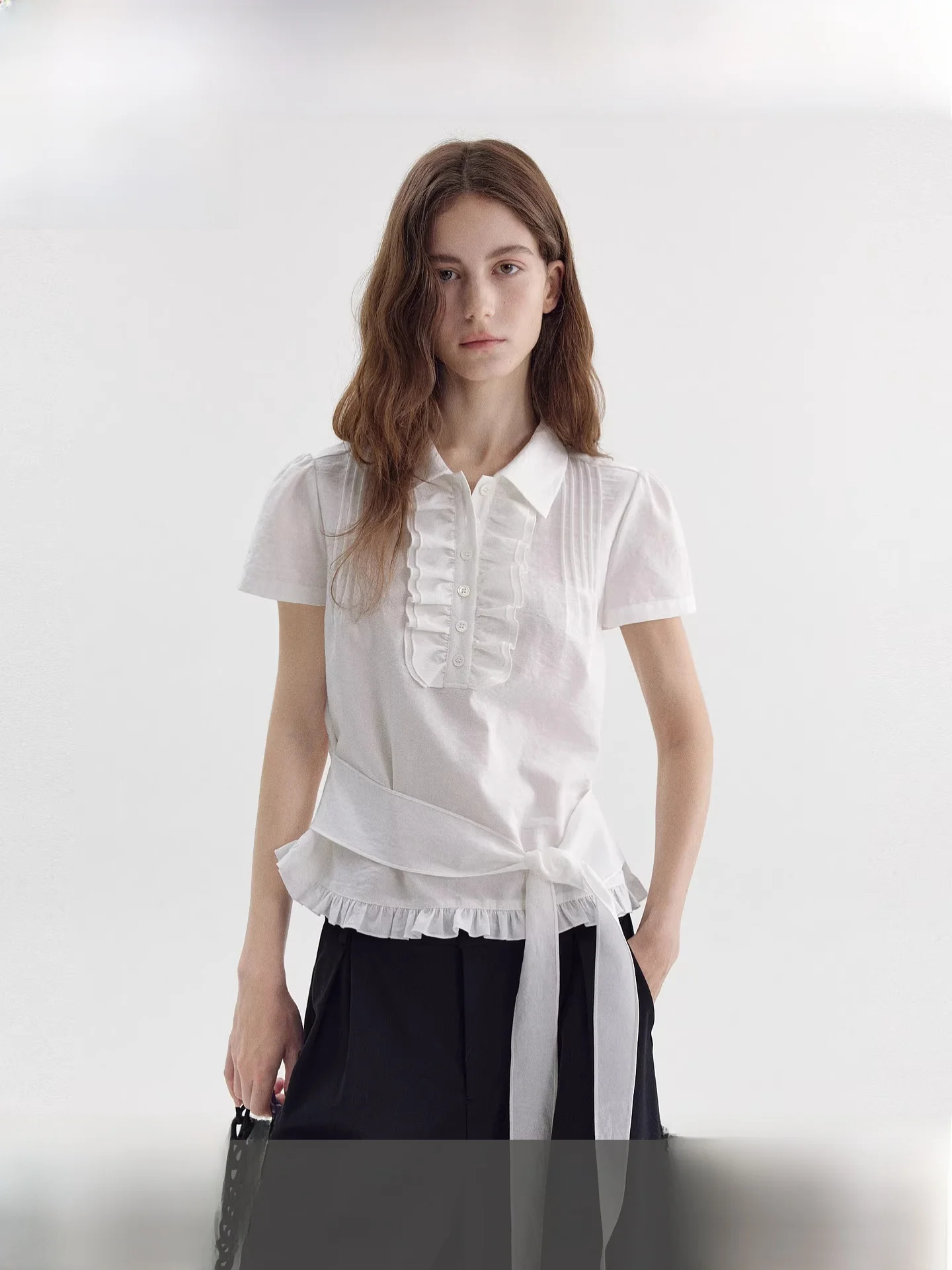 

Fano Summer New White Bubble Sleeve Shirt Women's Translucent Feel Lotus Leaf Tie Top Commuting Style Regular Fit