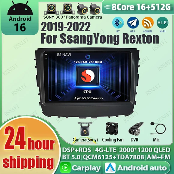 

Android 16 For SsangYong Rexton 2017+Musso 2018+ 2K QLED Android Car Radio Qualcomm Video Player GPS CarPlay 4G 16G - 512G Wifi
