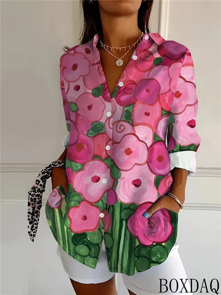 Women's Long Sleeved Autumn Shirts With Casual Flower Pattern Printed Lapel Button New Loose And Elegant Blouse