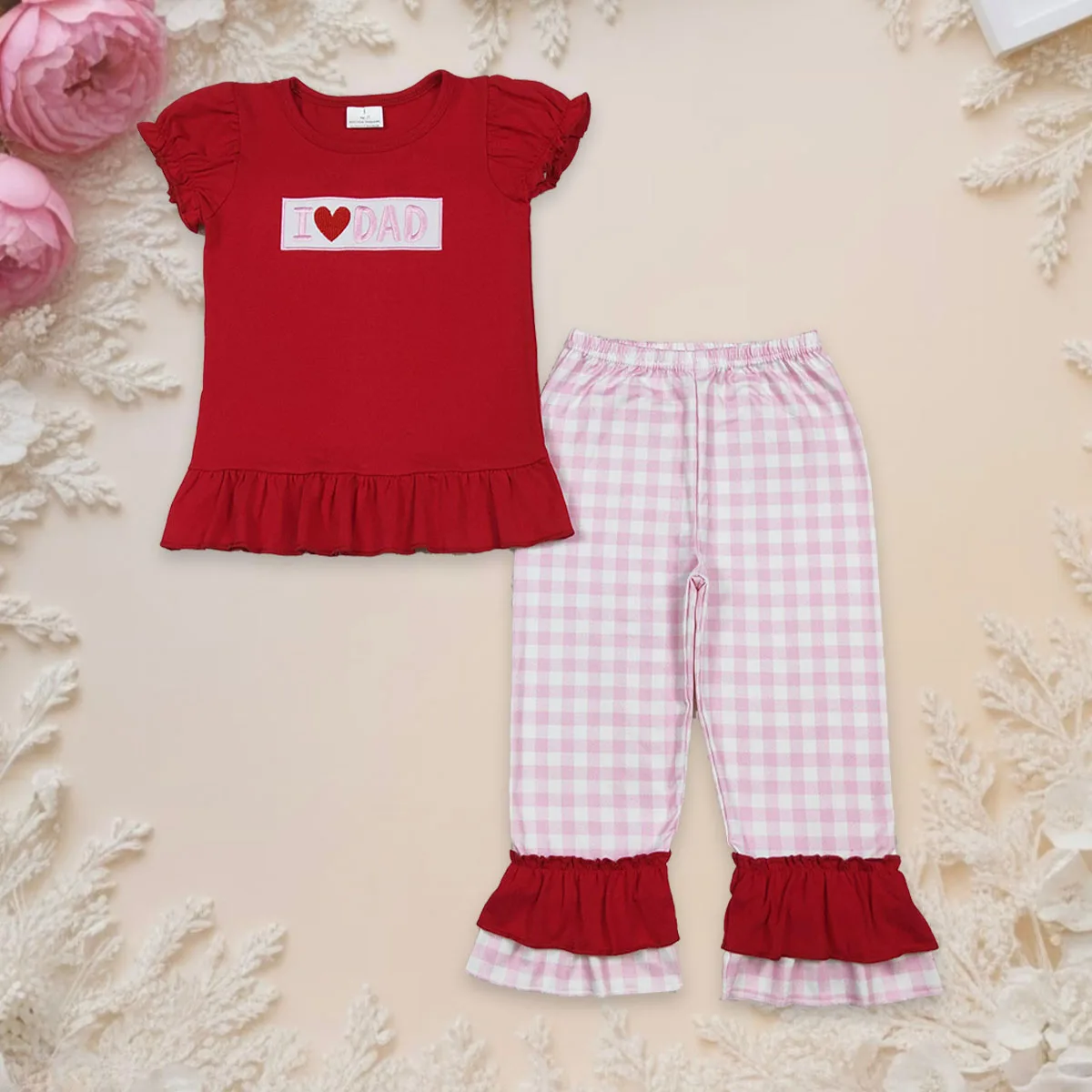 

Toddler Baby Girl Clothes Embroidery Kids Sets I Love Dad Infant Red Short Sleeve Shirt Plaid Ruffle Pants Outfit Child Clothing