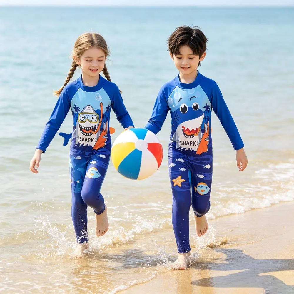 Kids Long Sleeve Full Length Surfing Swimsuit with Hat Cartoon Shark Dinosaur Print Quick Dry One Piece Diving Swimwear For Boys
