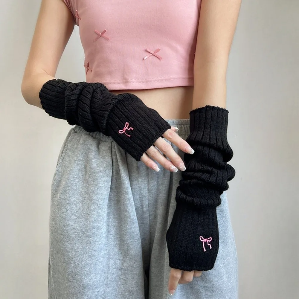 Long Arm Warmer Gloves Knitted Cold Proof Warm Arm Sleeve Bow Cherry Strawberry Embroidery Fingerless Gloves Autumn Winter