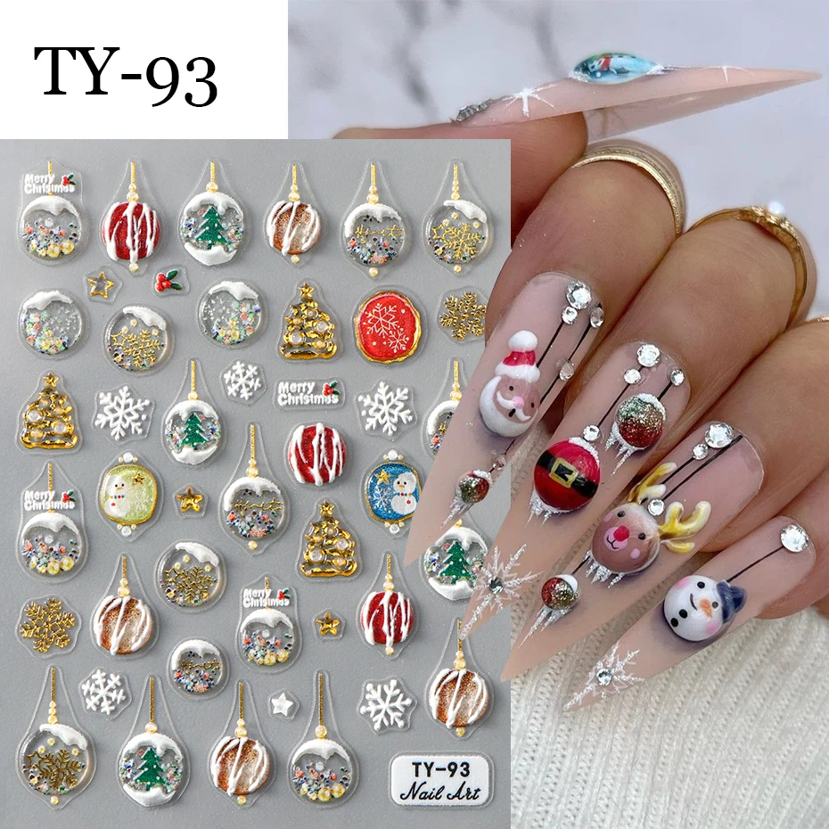 Winter 5D Embossed Christmas Nail Art Stickers, Self-Adhesive Crystal Ball,Snowflake & Tree Designs Nail Art Decoration Supplies