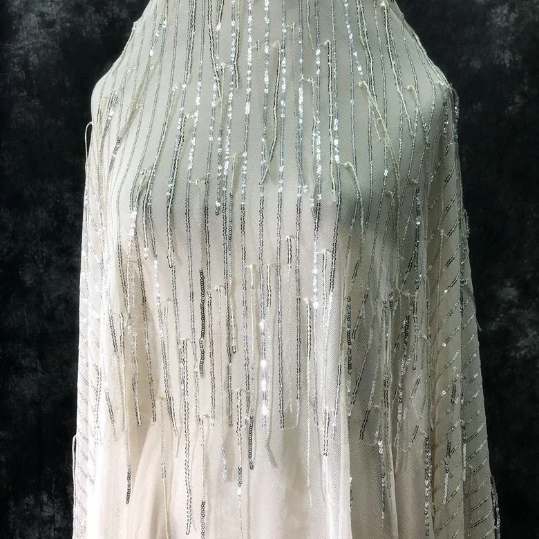 

Apricot Shiny Fringe Sequin Striped Mesh Embroidered Fabric Dress Dress Stretch Hot Stamped Fabric