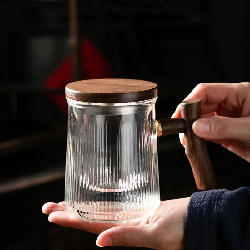 

﻿ 380ml Vertical Stripe Heat- resistant Glass Tea Cup With Infuser Filter Wooden Handle Flower Tea Water Separation Tea Mug