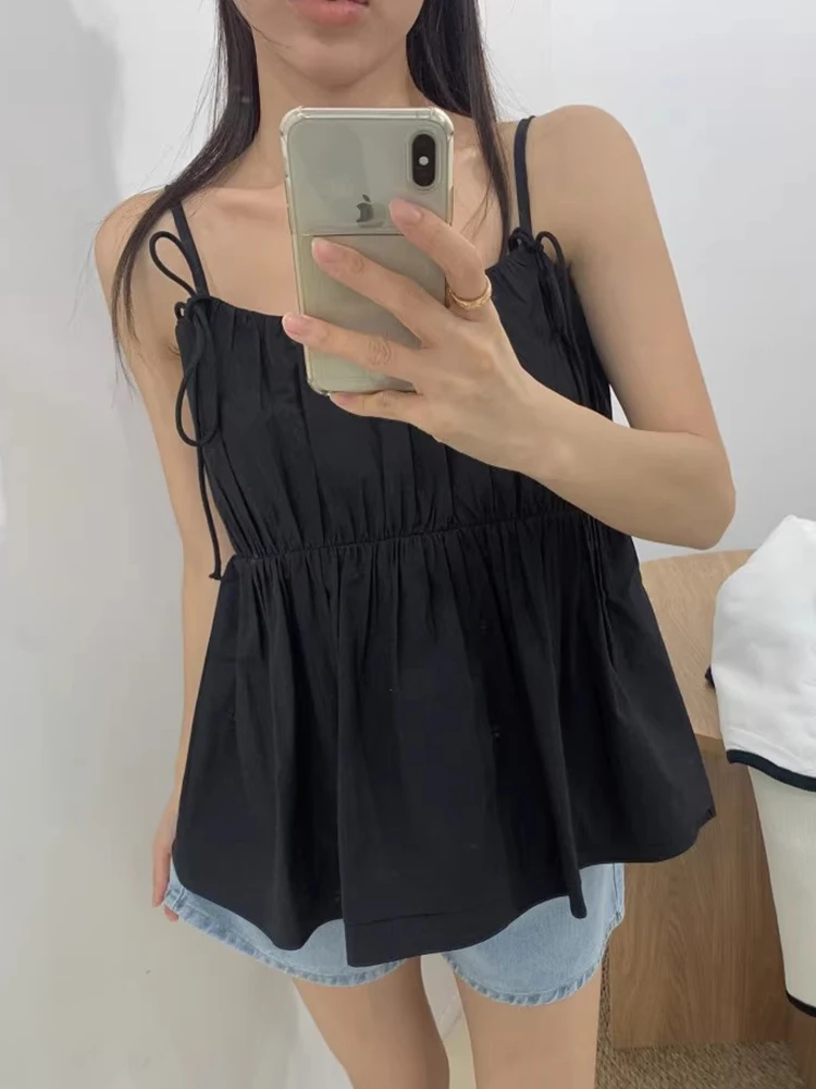 Csa tipo ceco con tirantes ajustables para mujer, Top hoado de estilo coreano versátil con diseño pado y nudo de m...