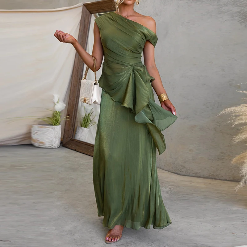 Summer High Waist Party Two Piece Set Sexy Slash Collar Chiffon Tops&Skirts Set Fashion Solid Color Slim Women's Commute Outfits