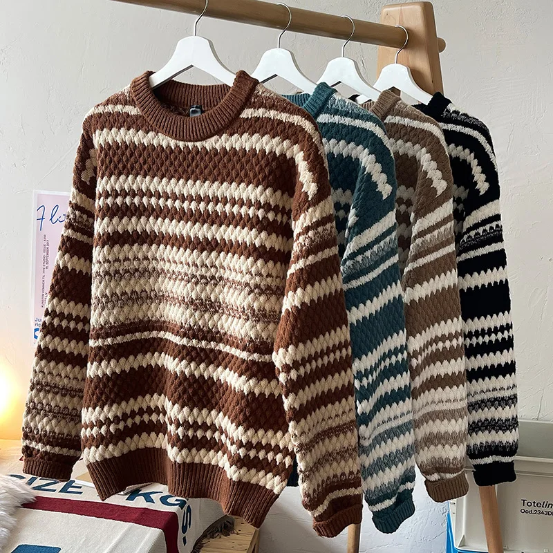 Miękki Nowy Sweter Koszulowy z Okrągłym Dekoltem Długi Rękaw Gruby Męski Jesienno-Zimowy Casualowy Pulower Damski Luźny Modny Sweter Dzianinowy