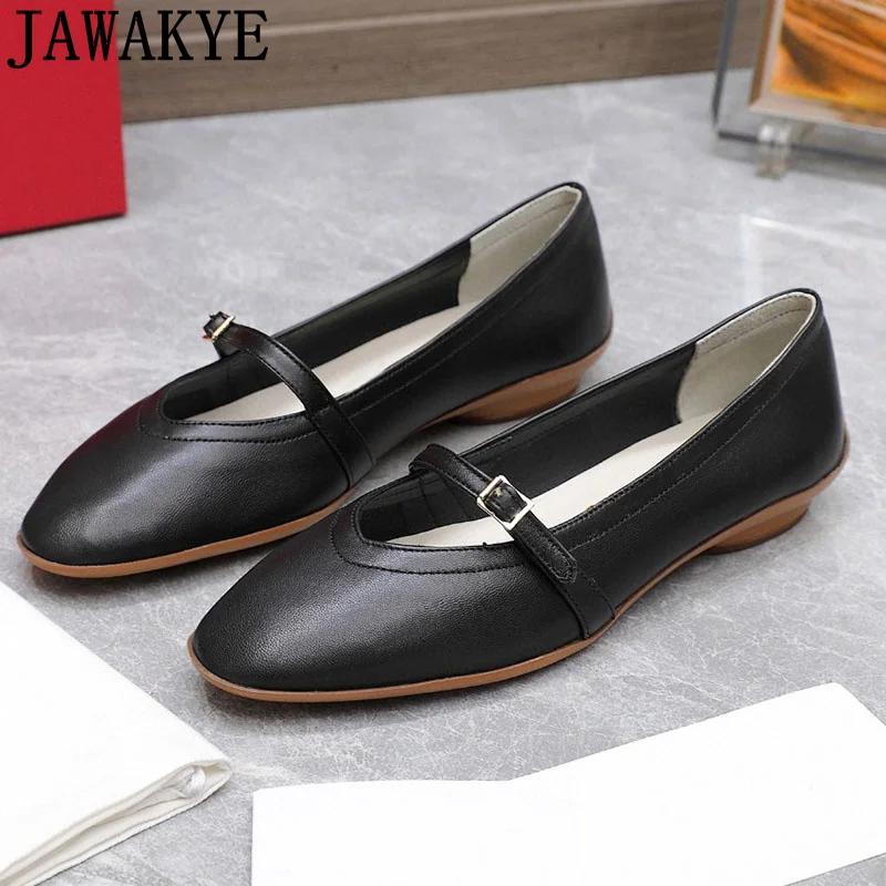 JAWAKYE Real Leather Shallow Mouth Flat Shoes Women Summer Round Wrap Toe Grandma Shoes Famous Designer Luxury Walk Shoes Mujer