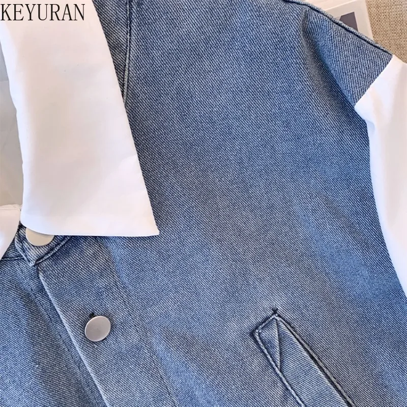 Fake Two-piece Patchwork Denim Shirt Women\'s 2024 New Spring Autumn Fashion Long Sleeve Loose Oversize Blouse Womens Tops Blusas