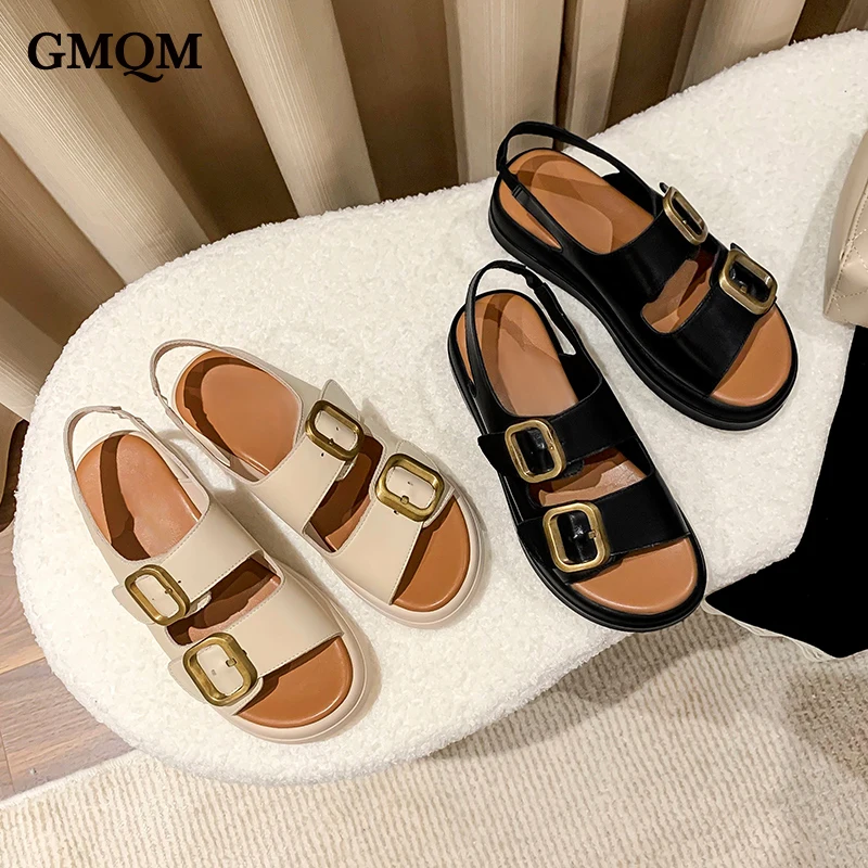 GMQM Fashion Genuine Leather Women Sandals New Summer Open Toe Thick Platform Slippers Metal Decoration Flats Anti-Slip Shoes