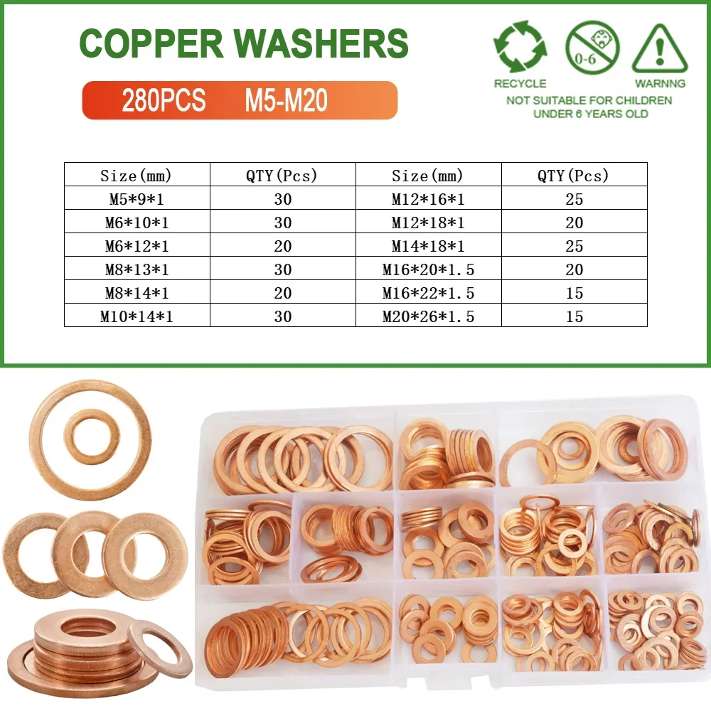 

M5 M6 M8 M10 M12 M14 M16 M20 Solid Pure Copper Gasket Washers For Sump Plugs Oil Sealing Ring Spacers Motorcycle Flat Gasket Kit