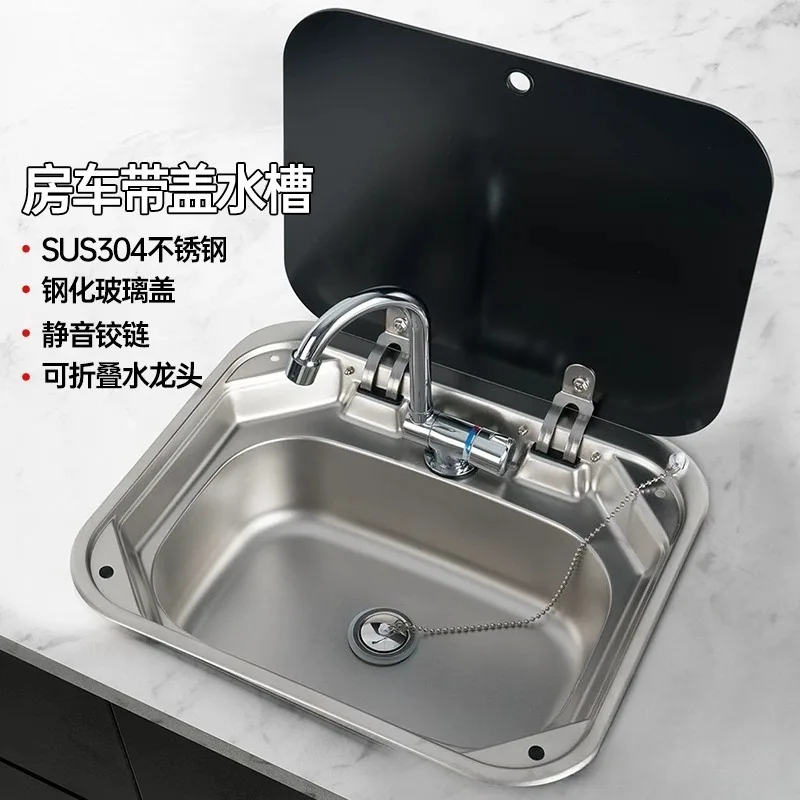 RV Stainless Steel Single Bowl Sink With Cover, Square Camper Wash Basin, Folding Water Sink With Water Purifier