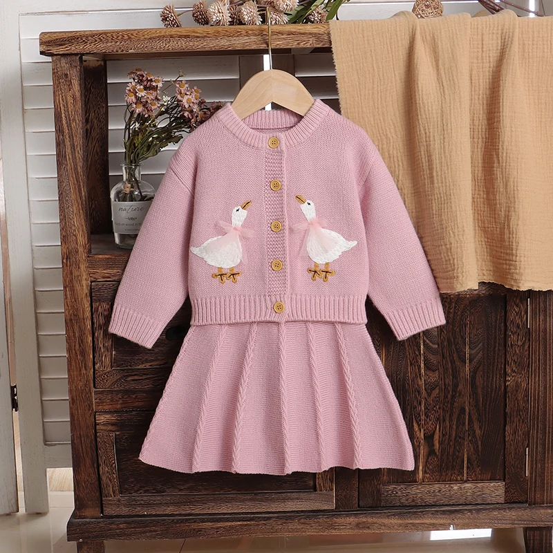 Baby Clothes Sets Knitted Infant Sweater Long Sleeve +Skirt Cute Cartoon Goose Newborn Girl Cardigan +Dress 6M-3Y 2PCS Outerwear