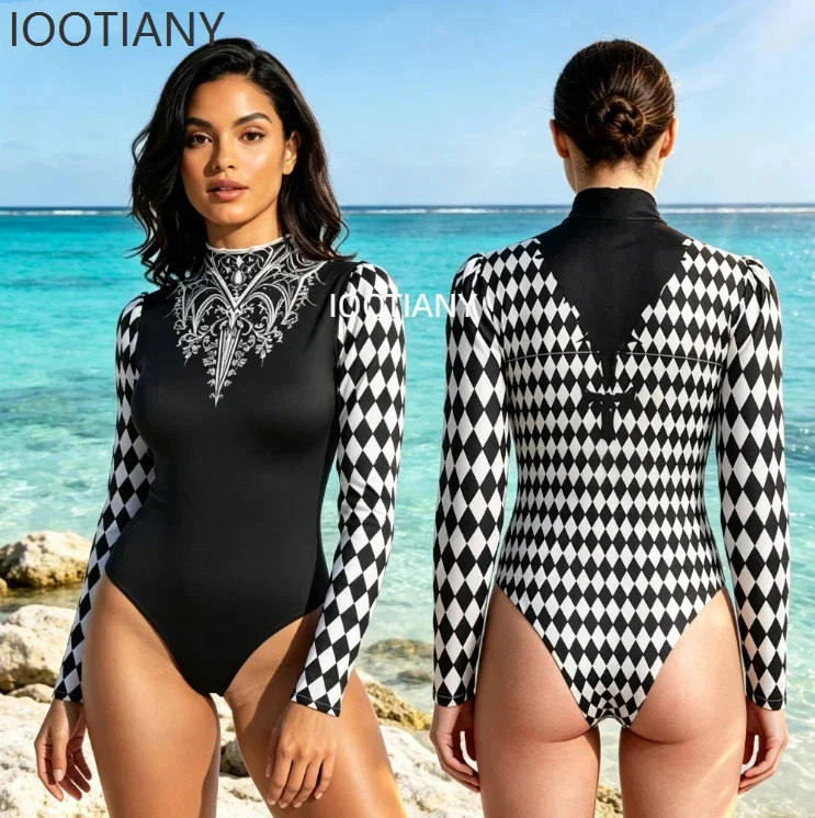 Women Gothic Clown Circus Swimsuit Long Puff Sleeve Black White Diamond Plaid Jumpsuit Halloween Party Stage Performance Outfit